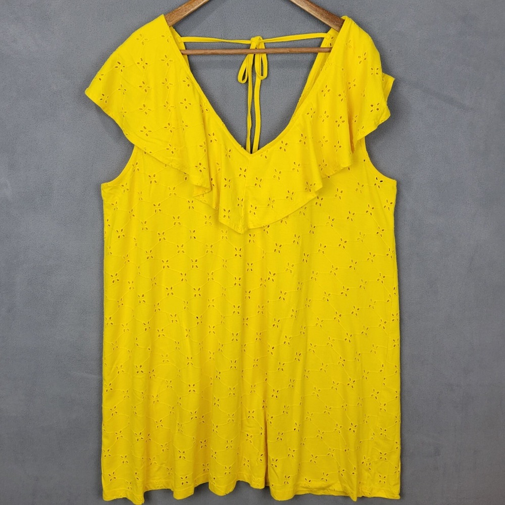 Asos Design Tunic Dress Women's 12 Yellow Floral 100% Cotton V-Neck Ruffle Front